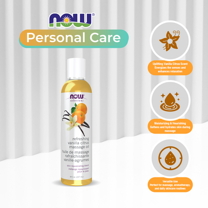 NOW Solutions, Refreshing Vanilla Citrus Massage Oil, Skin Rejuvenating Blend, Supple Skin, 8-Ounce (237 ml)