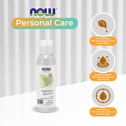 NOW Solutions, Vegetable Glycerin, 100% Pure, Versatile Skin Care, Softening and Moisturizing, 4-Ounce (118ml)