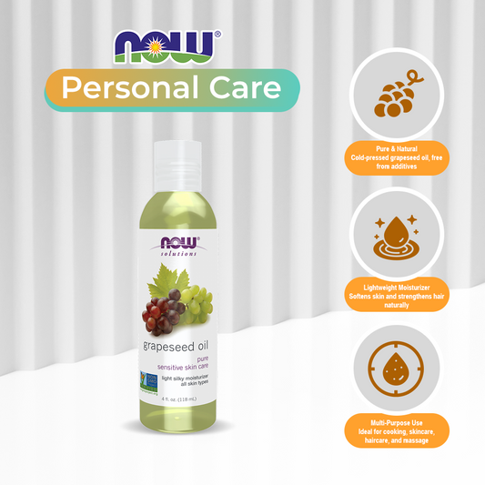 NOW Solutions, Grapeseed Oil, Skin Care for Sensitive Skin, Light Silky Moisturizer for All Skin Types, 4-Ounce (118ml)