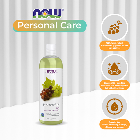 NOW Solutions, Grapeseed Oil, Skin Care for Sensitive Skin, Light Silky Moisturizer for All Skin Types, 16-Ounce (473 ml)