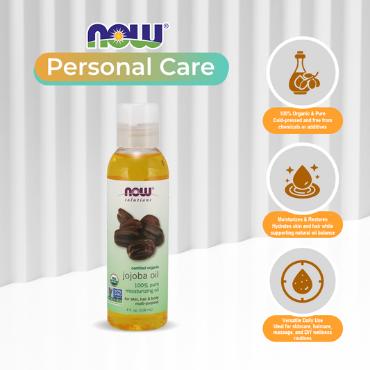 NOW Solutions, Organic Jojoba Oil, Moisturizing Multi-Purpose Oil for Face, Hair and Body, 4-Ounce (118ml)
