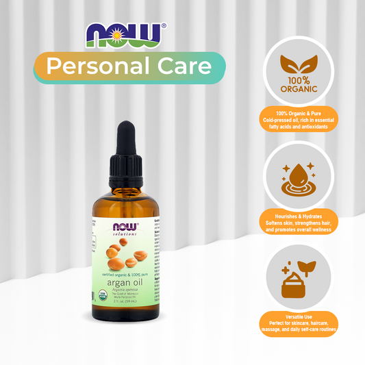 NOW Solutions, Organic Argan Oil, Certified Organic and 100% Pure, "Gold of Morocco" Multi-Purpose Oil, 2-Ounce (59ml)