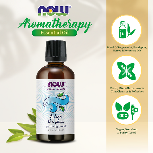 NOW Essential Oils, Clear the Air Oil Blend, Purifying Aromatherapy Scent, Blend of Pure Essential Oils, Steam Distilled, Vegan, Child Resistant Cap, 4-Ounce  (118ml)