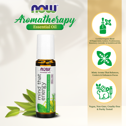 NOW Essential Oils, Mind That Energy Roll On, Non-GMO Project Verified, Focusing Blend, Steam Distilled, Topical Aromatherapy, 10-mL