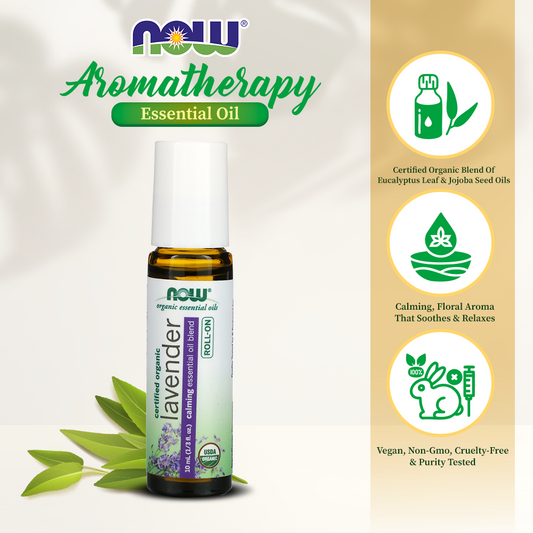NOW Essential Oils, Lavender Roll-On, Certified Organic, Calming Blend, Steam Distilled, Topical Aromatherapy, 10-mL
