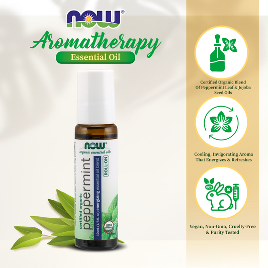 NOW Essential Oils, Peppermint Roll-On, Certified Organic, Energizing Blend, Steam Distilled, Topical Aromatherapy, 10-mL