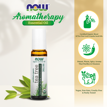 NOW Tea Tree Roll-On, Certified Organic, Purifying Blend, Steam Distilled, Topical Aromatherapy, 10-mL