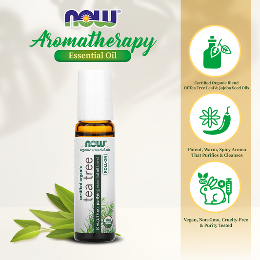NOW Tea Tree Roll-On, Certified Organic, Purifying Blend, Steam Distilled, Topical Aromatherapy, 10-mL