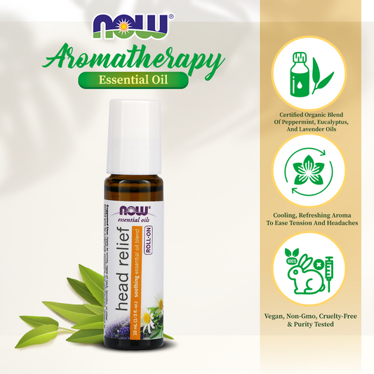 NOW Essential Oils, Head Relief Roll-On, Certified Non-GMO, Soothing Blend, Steam Distilled, Topical Aromatherapy, 10-mL