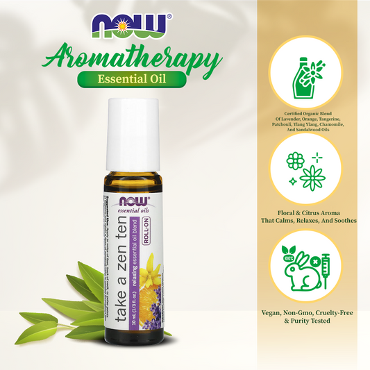 NOW Essential Oils, Take A Zen Ten Roll On, Non-GMO Project Verified, Relaxing Blend, Steam Distilled, Topical Aromatherapy, 10-mL