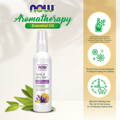 NOW Essential Oils, Take A Zen Ten™ Aroma Mist Featuring Relaxing Pure Essential Oils 4oz (118ml)