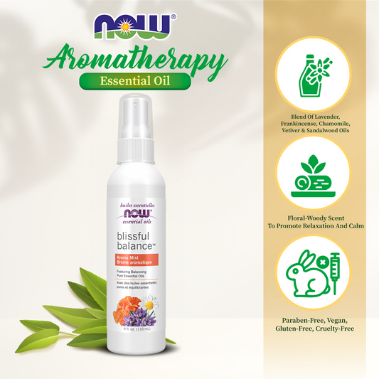 NOW Essential Oils, Blissful Balance™ Aroma Mist featuring Balancing Pure Essential Oils 4oz (118ml)