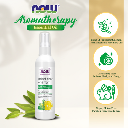 NOW Essential Oils, Mind That Energy Aroma Mist 4oz (118ml)