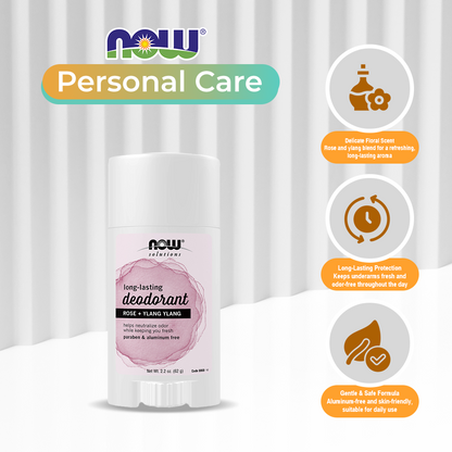 NOW Solutions, Long-Lasting Deodorant Stick, Rose and Ylang Ylang Scent, Odor Neutralizing and Keeps You Fresh, 2.2-Ounce