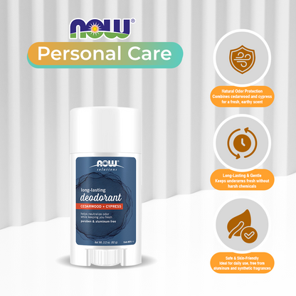 NOW Solutions, Long Lasting Deodorant, Cedarwood and Cypress, Paraben &amp; Aluminum Free, 2.2-Ounce