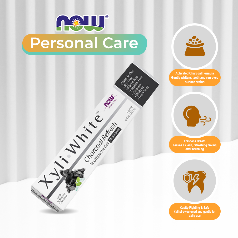 NOW Solutions, Xyliwhite Toothpaste Gel, Charcoal Refresh With Activated Charcoal, Cleanses and Whitens, Fresh Taste, 6.4-Ounce (181g)