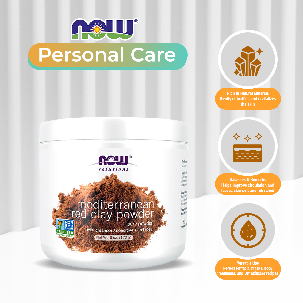NOW Solutions, Mediterranean Red Clay Powder, pure powder for a Facial Cleaning Mask - 6 oz