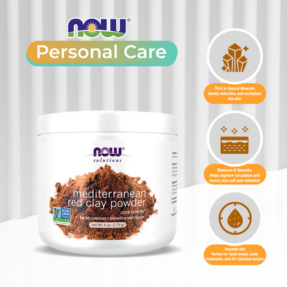 NOW Solutions, Mediterranean Red Clay Powder, pure powder for a Facial Cleaning Mask - 6 oz