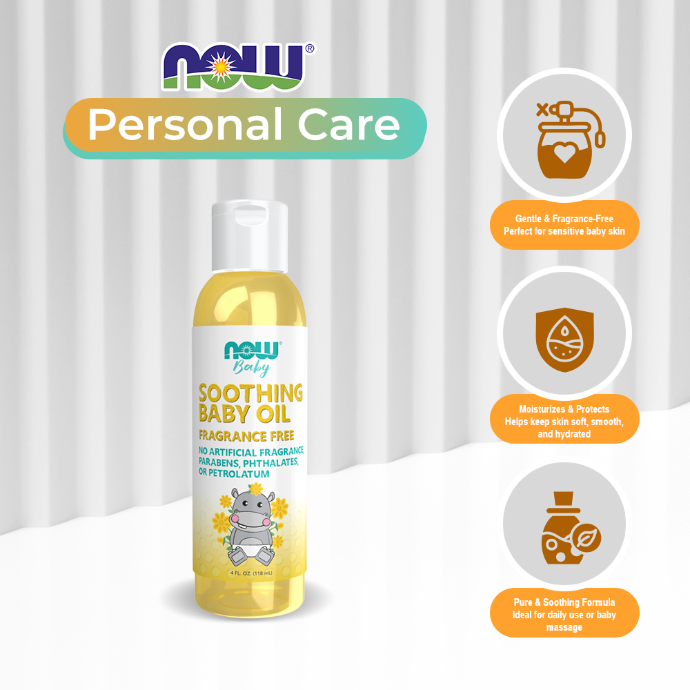NOW Baby, Soothing Baby Oil, Fragrance Free, No Artificial Fragrance, Parabens, Phthalates, or Petrolatum, (118ml)
