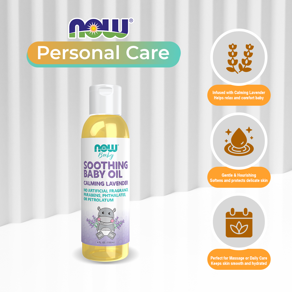 NOW Baby, Soothing Baby Oil, Calming Lavender, No Artificial Fragrance, Parabens, Phthalates, Petrolatum, (118ml)