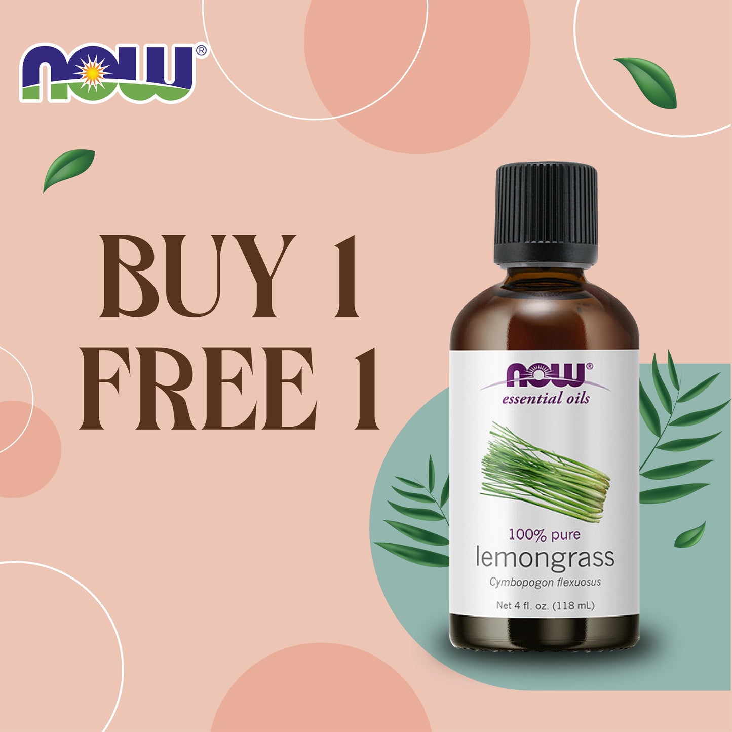 [Buy 1 Free 1] NOW Essential Oils Lemongrass Oil Uplifting Aromatherapy Scent 4-Ounce (118ml)