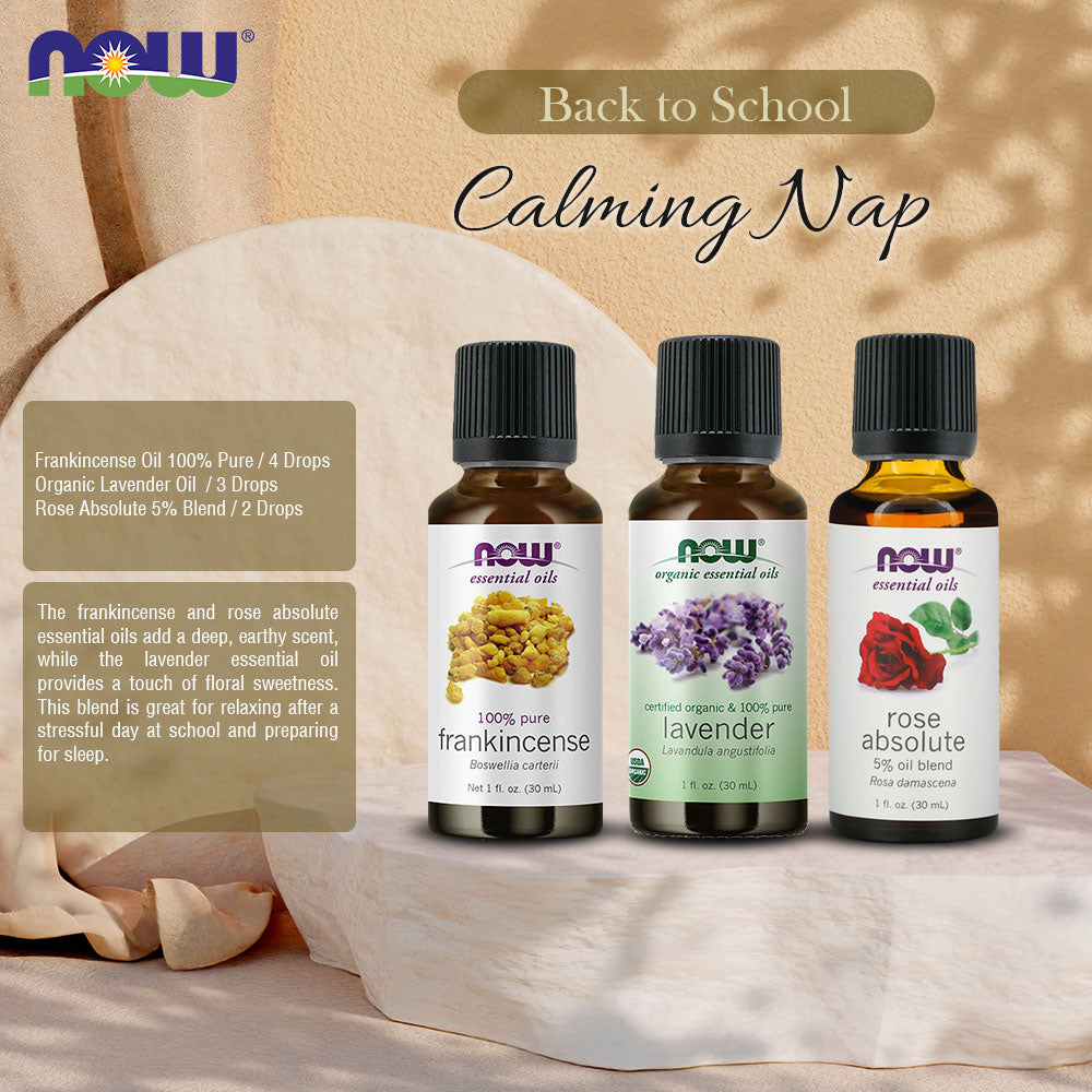 Now Essential Oils, 3 Variety of 30ml: Calming Nap - Frankincense 100%, Organic Lavender, Rose Absolute 5% Blend