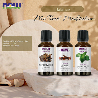 Now Essential Oils, 3 Variety of 30ml: "Me Time" Meditation - Sandalwood, Clove Oil, Patchouli Oil