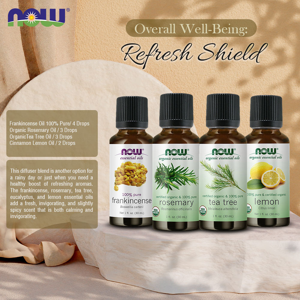 Now Essential Oils, 4 Variety of 30ml: Refresh Shield - Frankincense 100%,Organic Rosemary,Organic TeaTree,Organic Lemon