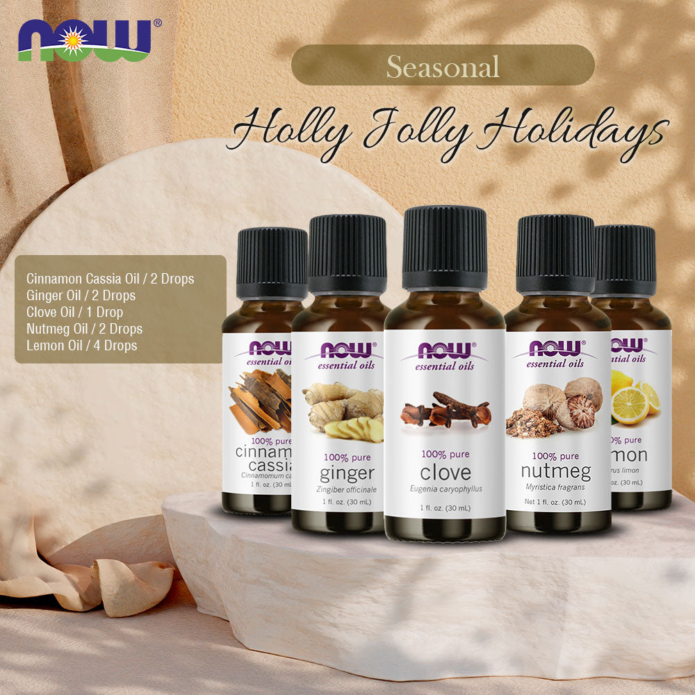 Now Essential Oils, 5 Variety of 30ml: Holly Jolly Holidays - Cinnamon Cassia, Ginger, Clove, Nutmeg, Lemon