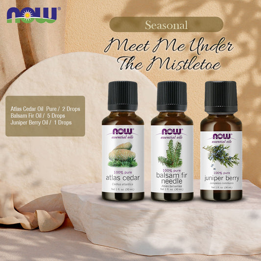 Now Essential Oils, 3 Variety of 30ml: Meet Me Under The Mistletoe - Atlas Cedar, Balsam Fir Needle, Juniper Berry