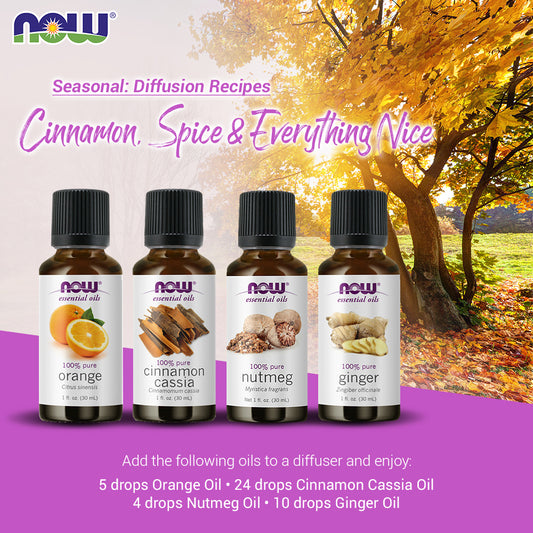 Now Essential Oils, 4 Variety of 30ml: Cinnamon, Spice & Everything Nice - Orange, Cinnamon Cassia,Nutmeg, Ginger