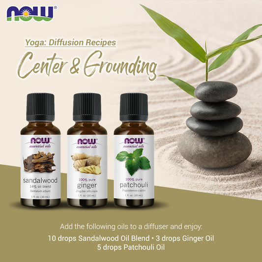 Now Essential Oils, 3 Variety of 30ml: Center & Grounding - Sandalwood Blend, Ginger, Patchouli