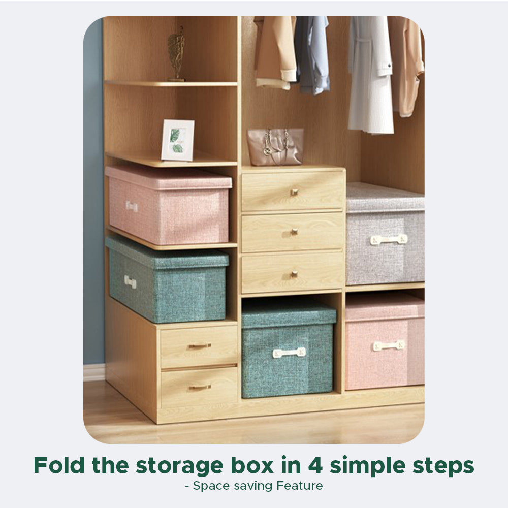 [Morilins Home] Collapsible Storage Organization Box - Rigid Linen Fabric Storage with Cover & Leather Handle - Perfect for Space-Saving Storage Solutions