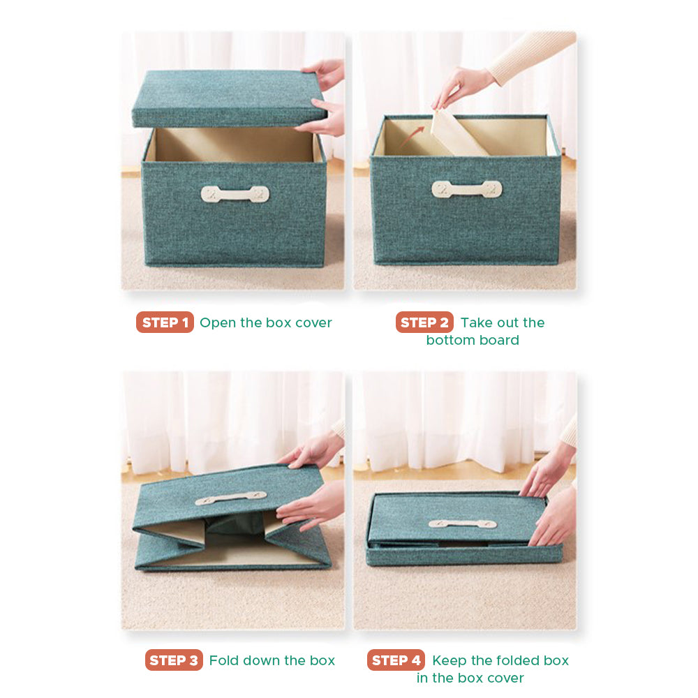 [Morilins Home] Collapsible Storage Organization Box - Rigid Linen Fabric Storage with Cover & Leather Handle - Perfect for Space-Saving Storage Solutions