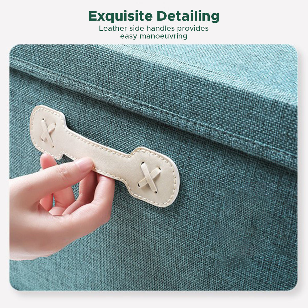 [Morilins Home] Collapsible Storage Organization Box - Rigid Linen Fabric Storage with Cover & Leather Handle - Perfect for Space-Saving Storage Solutions