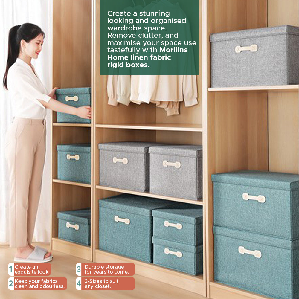 [Morilins Home] Collapsible Storage Organization Box - Rigid Linen Fabric Storage with Cover & Leather Handle - Perfect for Space-Saving Storage Solutions