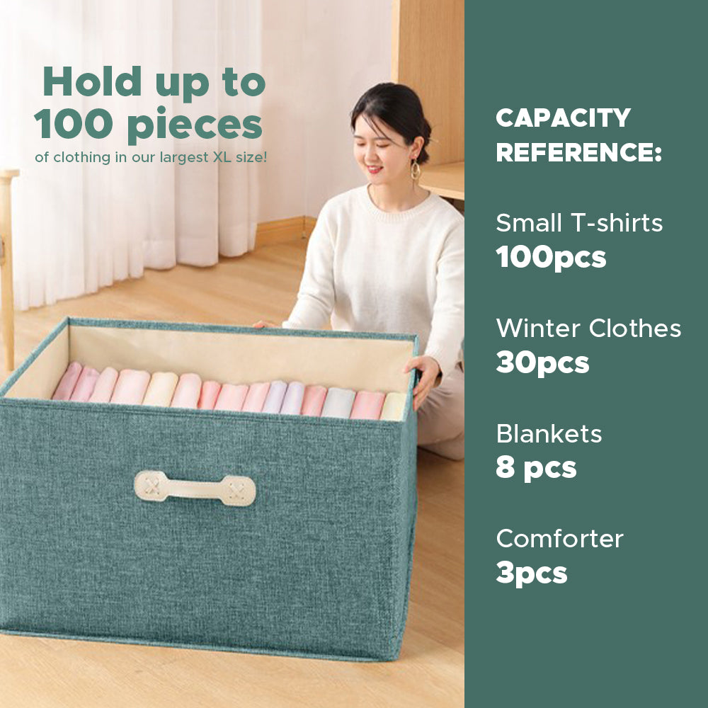 [Morilins Home] Collapsible Storage Organization Box - Rigid Linen Fabric Storage with Cover & Leather Handle - Perfect for Space-Saving Storage Solutions