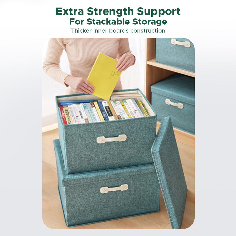 [Morilins Home] Collapsible Storage Organization Box - Rigid Linen Fabric Storage with Cover & Leather Handle - Perfect for Space-Saving Storage Solutions