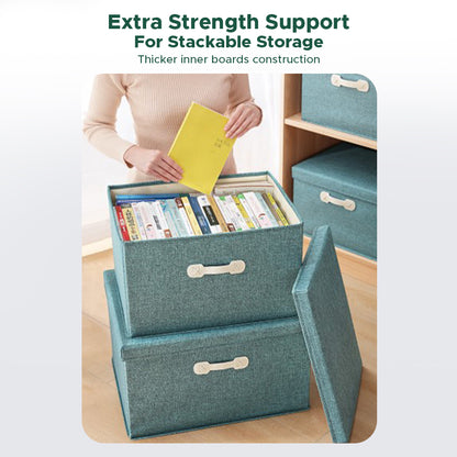 [Morilins Home] Collapsible Storage Organization Box - Rigid Linen Fabric Storage with Cover & Leather Handle - Perfect for Space-Saving Storage Solutions