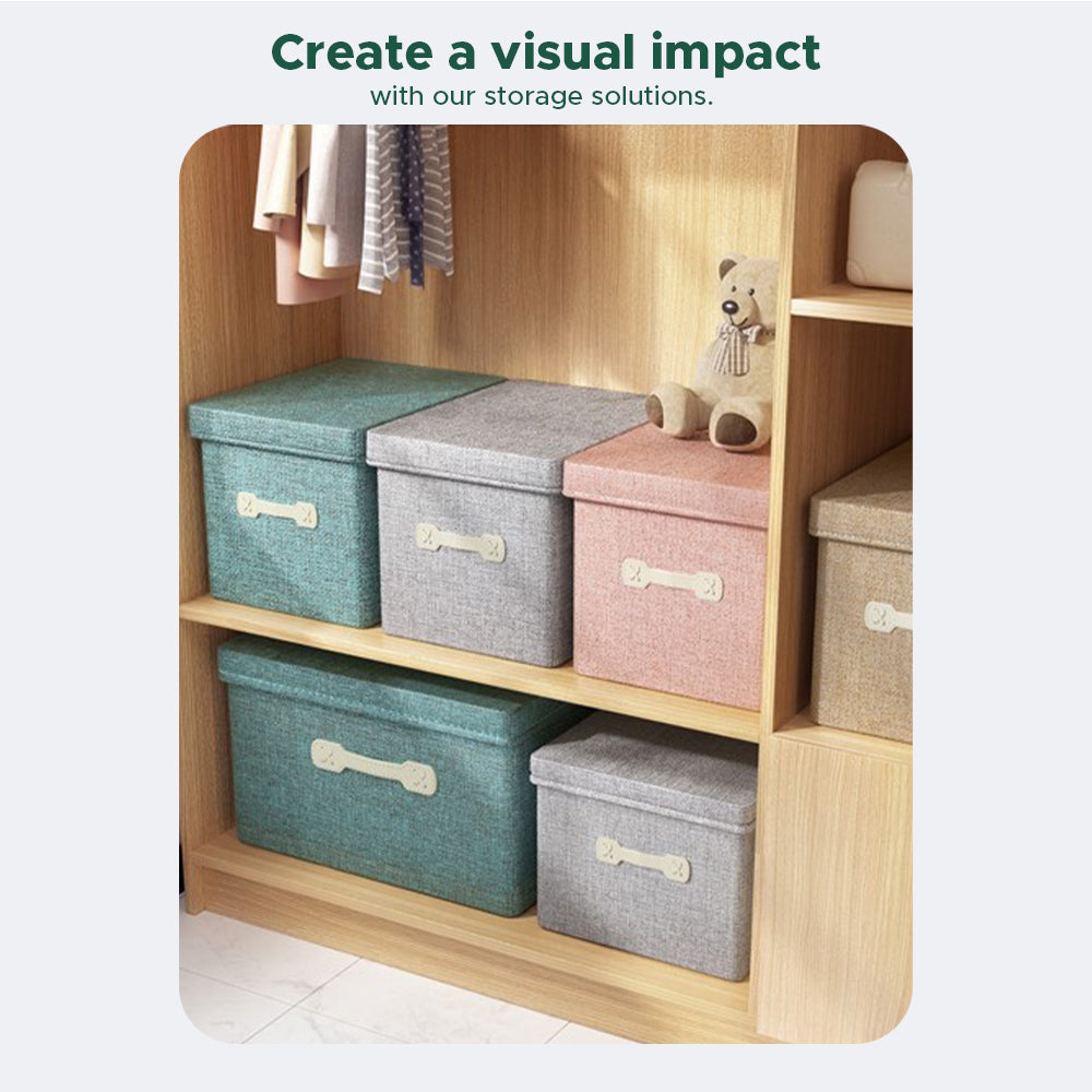 [Morilins Home] Collapsible Storage Organization Box - Rigid Linen Fabric Storage with Cover & Leather Handle - Perfect for Space-Saving Storage Solutions