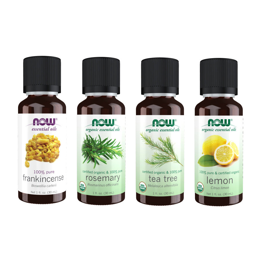 Now Essential Oils, 4 Variety of 30ml: Refresh Shield - Frankincense 100%,Organic Rosemary,Organic TeaTree,Organic Lemon