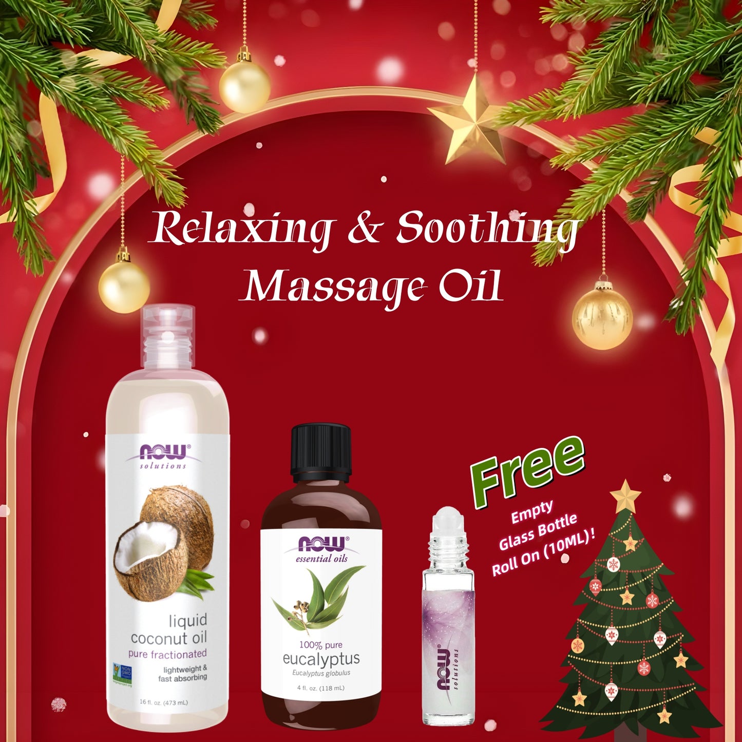 NOW Relaxing & Soothing Massage Oil Christmas Set - Eucalyptus Oil, Liquid Coconut Oil, + FREE Roll On