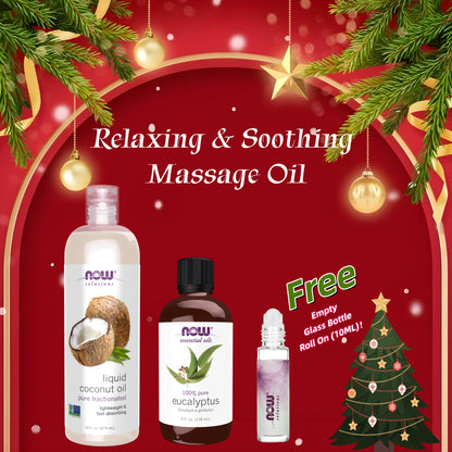 NOW Relaxing & Soothing Massage Oil Christmas Set - Eucalyptus Oil, Liquid Coconut Oil, + FREE Roll On