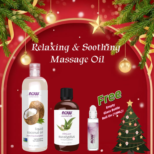 NOW Relaxing & Soothing Massage Oil Christmas Set - Eucalyptus Oil, Liquid Coconut Oil, + FREE Roll On