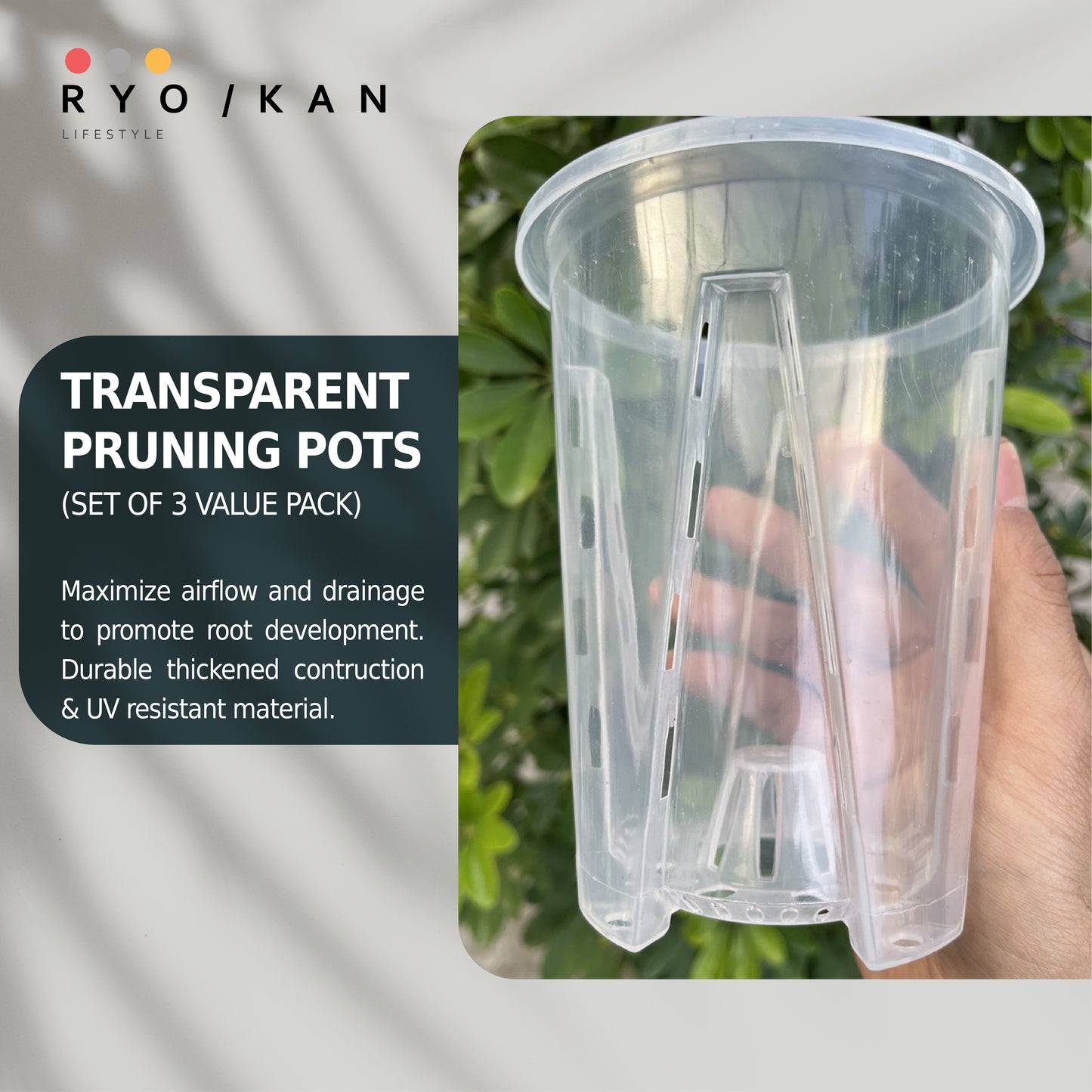 [Ryokan] Transparent Pruning Pots - Set of 3 Value Pack.  Maximize airflow and drainage to promote root development. Durable thickened contruction & UV resistant material