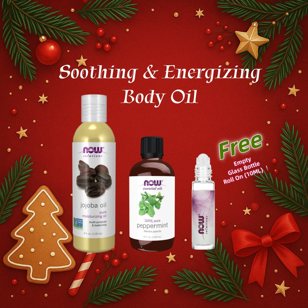 NOW Christmas Soothing & Energizing Body Oil – Jojoba Oil & Peppermint Oil + Free Roll-On