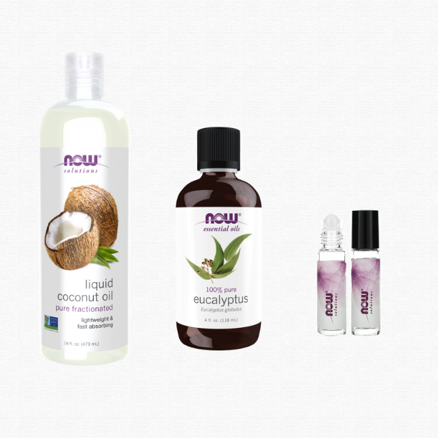 NOW Relaxing & Soothing Massage Oil Christmas Set - Eucalyptus Oil, Liquid Coconut Oil, + FREE Roll On