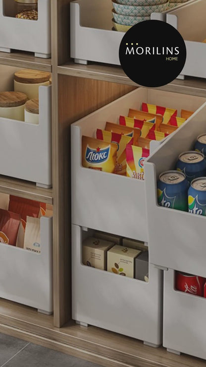 [Morilins Home] White Japanese-Style Modular Stackable Storage Box with Label Holder - Clean & Tidy Look with Easy Access for Sundries, Snacks, Kitchenware & Cosmetics