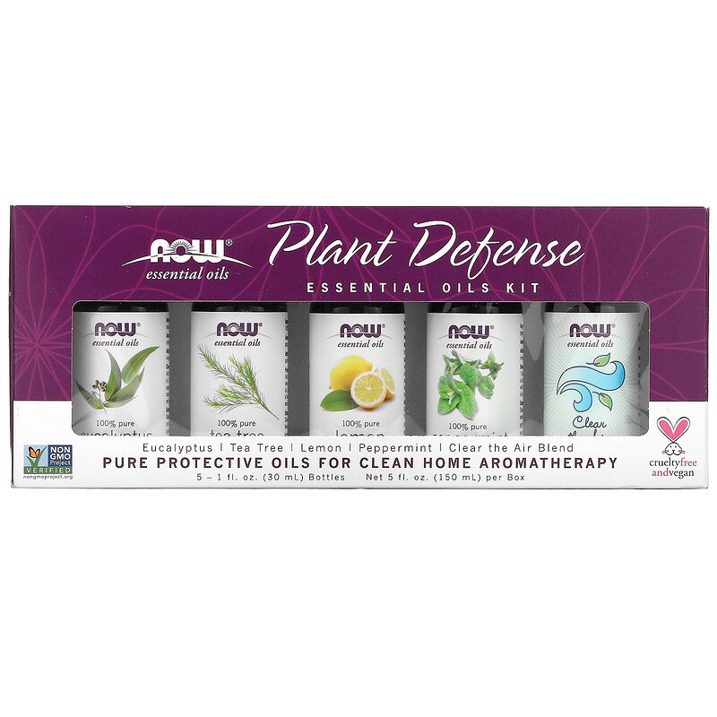 NOW Plant Defense Essential Oils Kit, 5x30ml including: Eucalyptus, Tea Tree, Lemon, Peppermint and Clean the Air Essential Oils