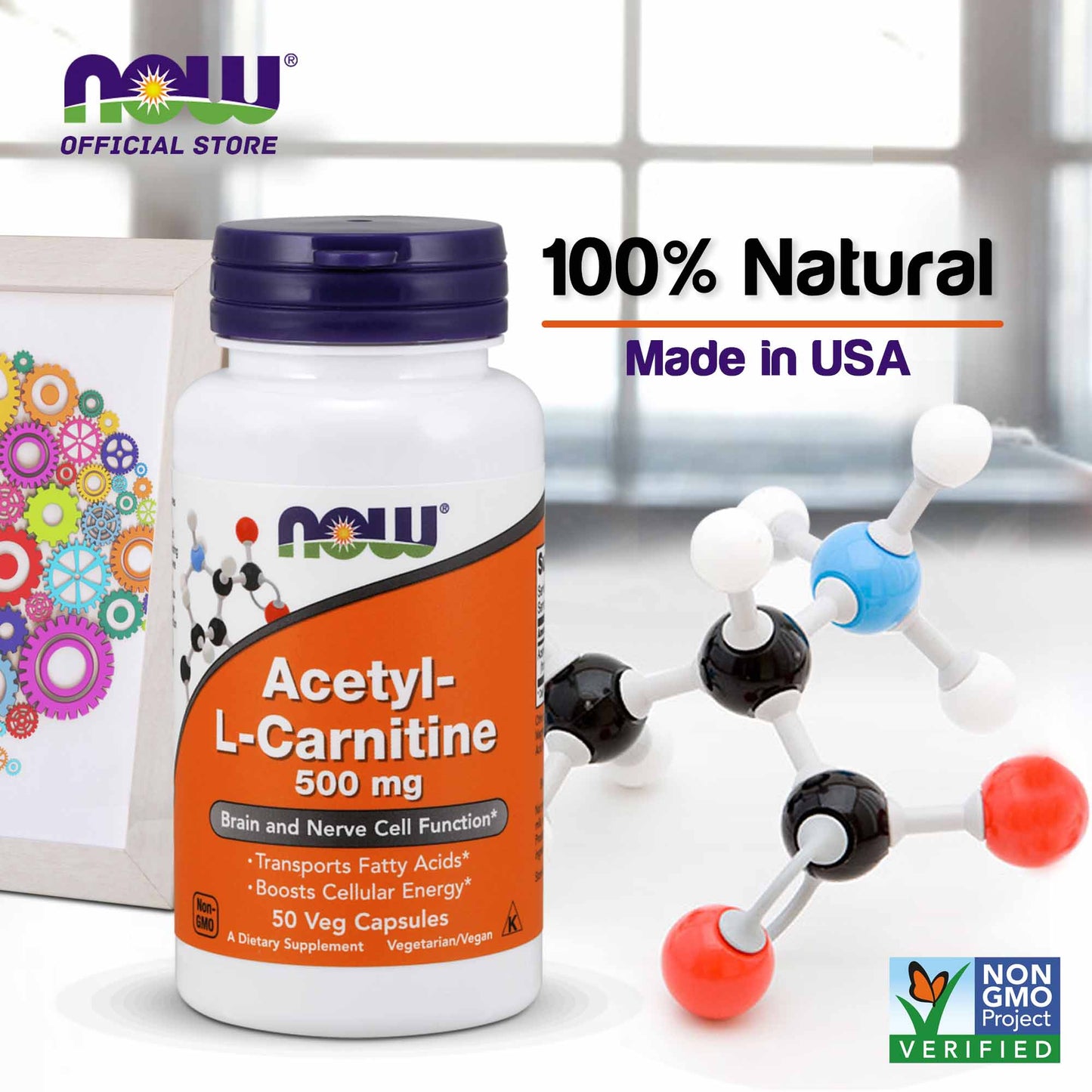 NOW Supplements, Acetyl-L Carnitine 500 mg, Amino Acid, Brain And Nerve Cell Function*, 50 Veg Capsules